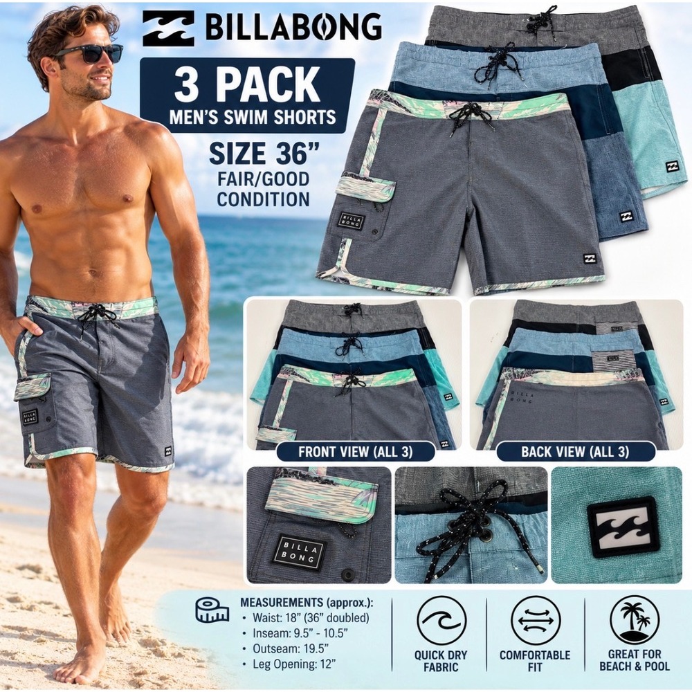 Billabong Mens Board Shorts Size 36 Bundle 3 Pack Recycler 73 Pro Tribong Swim